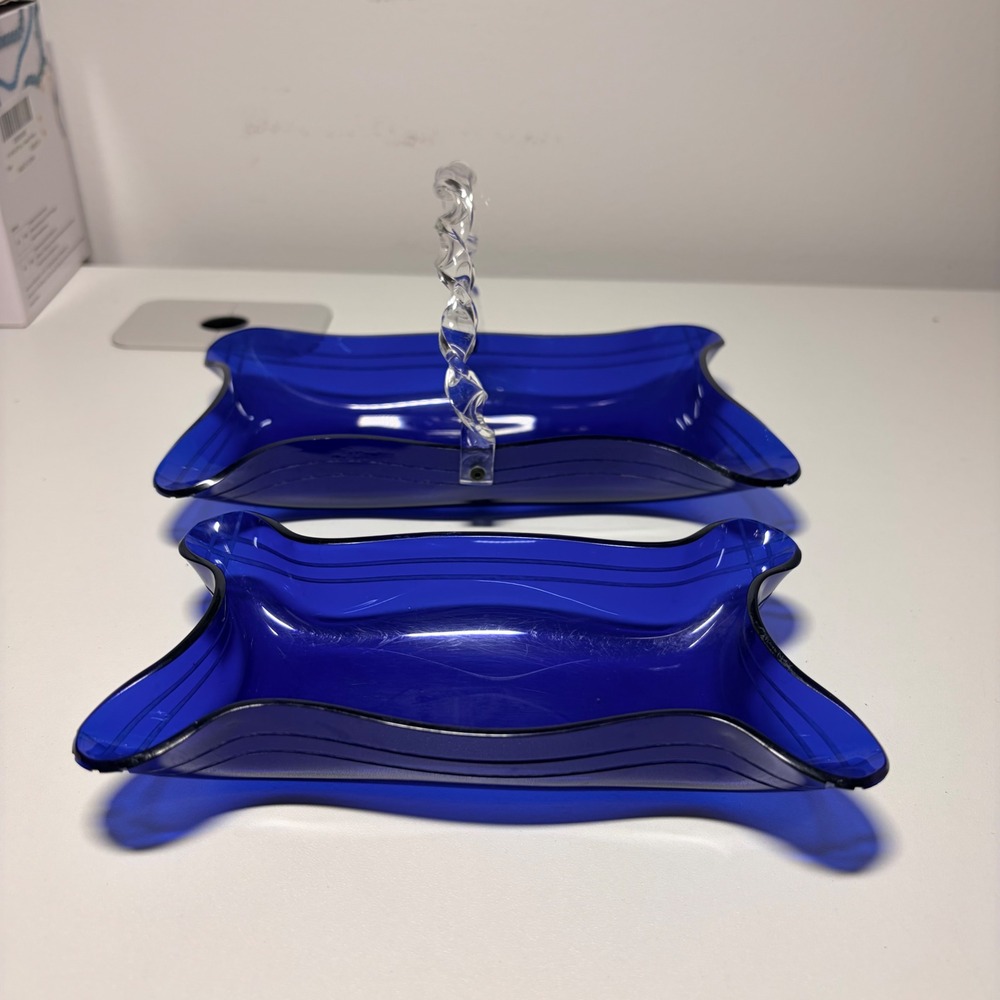 Vintage Cobalt Blue Acrylic Trinket Trays Set of 2 Twisted Handle MCM